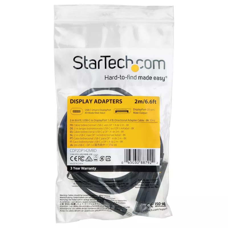 StarTech.com 2 m USB-C į DisplayPort 1.4 laidas, 8K 60Hz/4K, dvipusis, HBR3/HDR/DSC, USB Type-C/TB3 monitoriaus laidas (CDP2DP142MBD)