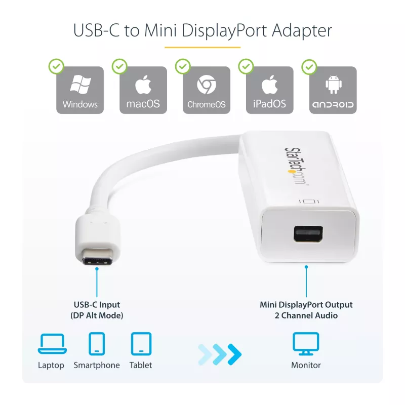 StarTech.com USB-C į Mini DisplayPort adapteris – 4K 60Hz – baltas – USB 3.1 Type-C į Mini DP adapteris – atnaujinta versija CDP2MDPEC