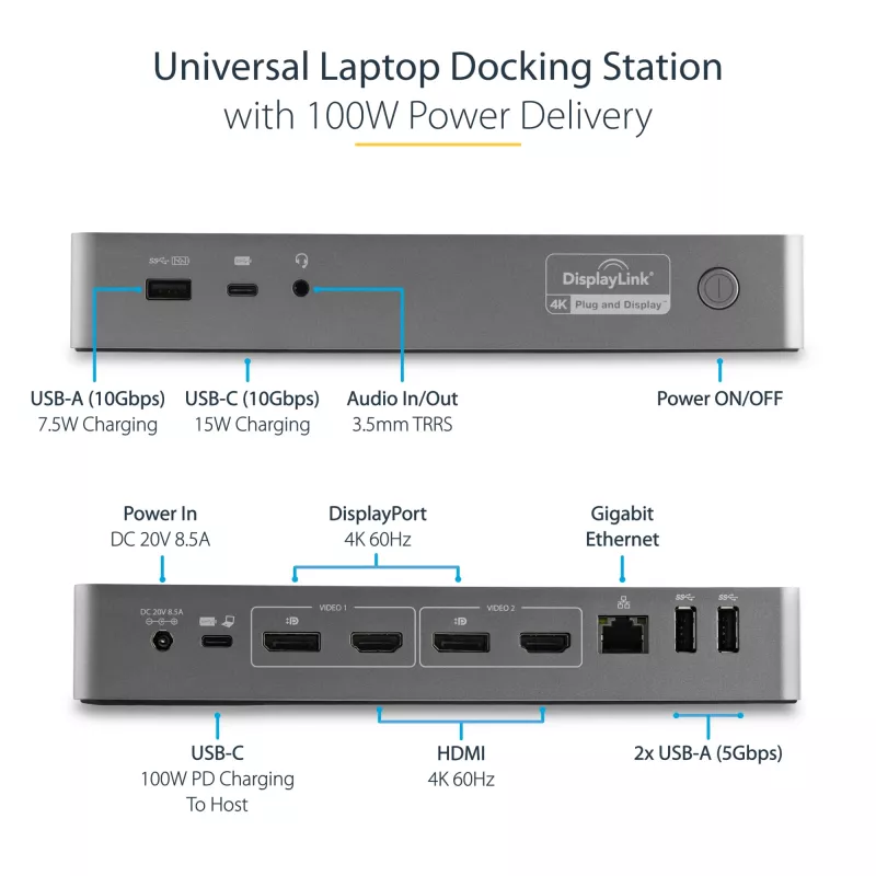 StarTech.com Universali nešiojamojo kompiuterio dokų stotelė, hibridinė USB-C ir USB-A, dviguba 4K DP ir HDMI, 100W PD, Mac / Windows / Chrome OS, 4x USB 5Gbps šakotuvas, GbE