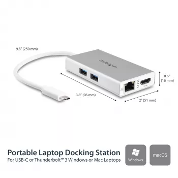 StarTech.com USB-C kelių prievadų adapteris – USB-C kelioninė stotelė su 4K HDMI, 60W maitinimo perdavimu, GbE, 2 prievadų USB-A 3.0 stotelė – nešiojamas mini USB-C dokas nešiojamam kompiuteriui – balta