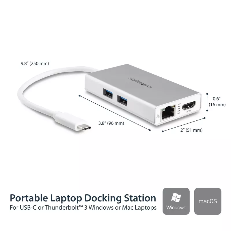 StarTech.com USB-C kelių prievadų adapteris – USB-C kelioninė stotelė su 4K HDMI, 60W maitinimo perdavimu, GbE, 2 prievadų USB-A 3.0 stotelė – nešiojamas mini USB-C dokas nešiojamam kompiuteriui – balta