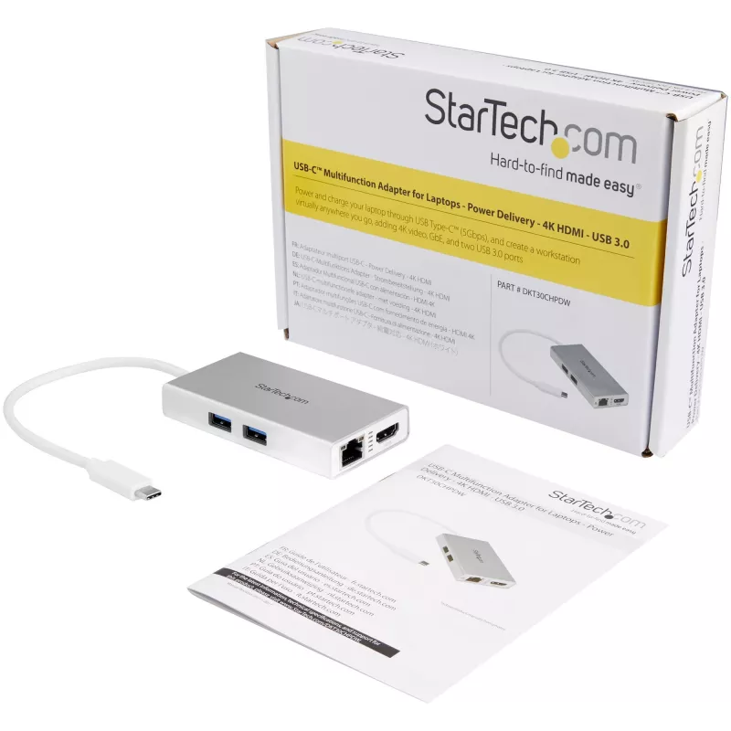StarTech.com USB-C kelių prievadų adapteris – USB-C kelioninė stotelė su 4K HDMI, 60W maitinimo perdavimu, GbE, 2 prievadų USB-A 3.0 stotelė – nešiojamas mini USB-C dokas nešiojamam kompiuteriui – balta