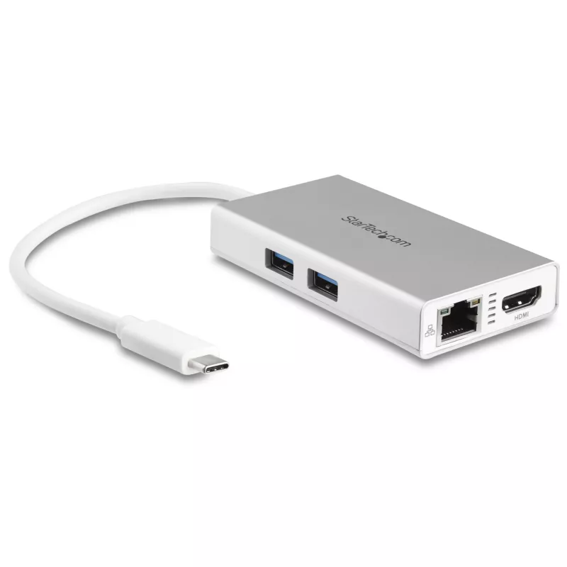 StarTech.com USB-C kelių prievadų adapteris – USB-C kelioninė stotelė su 4K HDMI, 60W maitinimo perdavimu, GbE, 2 prievadų USB-A 3.0 stotelė – nešiojamas mini USB-C dokas nešiojamam kompiuteriui – balta