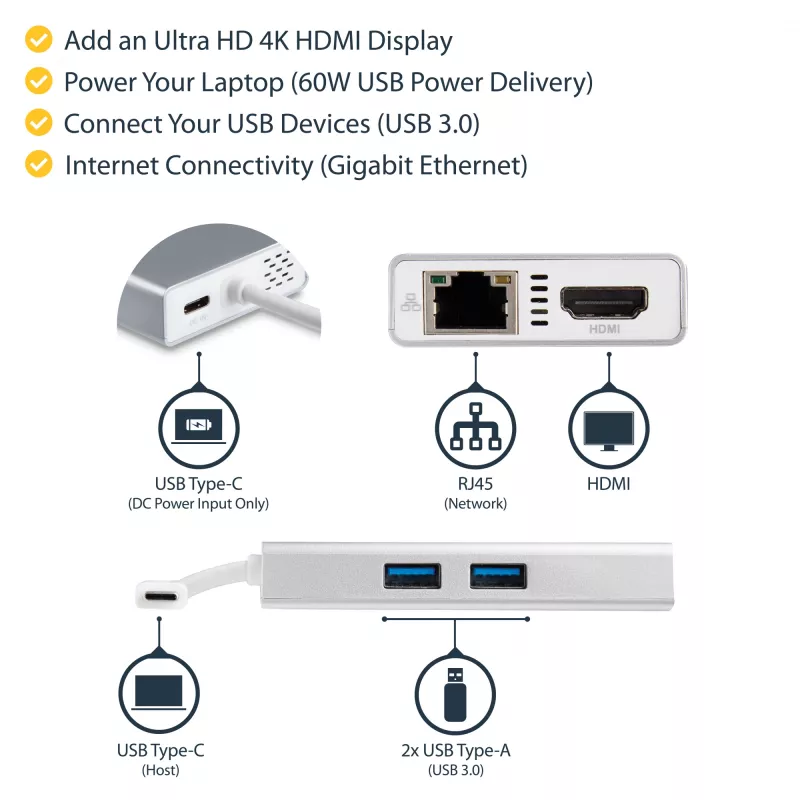 StarTech.com USB-C kelių prievadų adapteris – USB-C kelioninė stotelė su 4K HDMI, 60W maitinimo perdavimu, GbE, 2 prievadų USB-A 3.0 stotelė – nešiojamas mini USB-C dokas nešiojamam kompiuteriui – balta