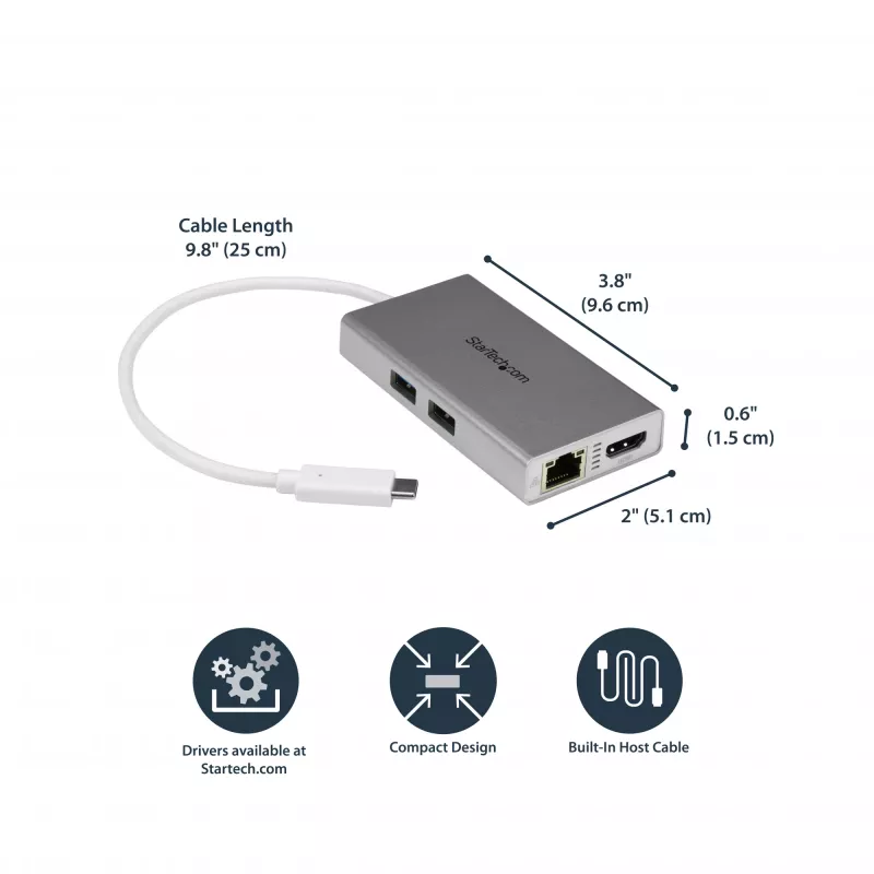 StarTech.com USB-C kelių prievadų adapteris – USB-C kelioninė stotelė su 4K HDMI, 60W maitinimo perdavimu, GbE, 2 prievadų USB-A 3.0 stotelė – nešiojamas mini USB-C dokas nešiojamam kompiuteriui – balta