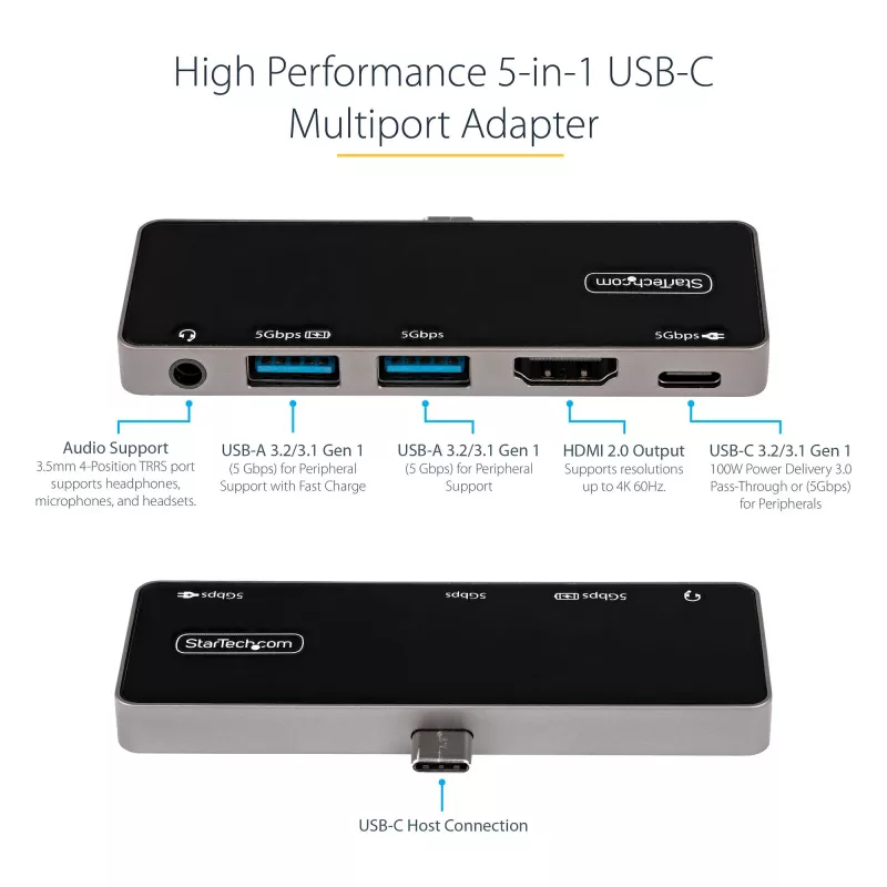 StarTech.com USB-C kelių prievadų adapteris – USB-C į 4K 60Hz HDMI 2.0, 100W Power Delivery, 3 prievadų USB 3.0 stotelė, garsas – USB-C mini dokas, nešiojamas USB Type-C kelioninis dokas