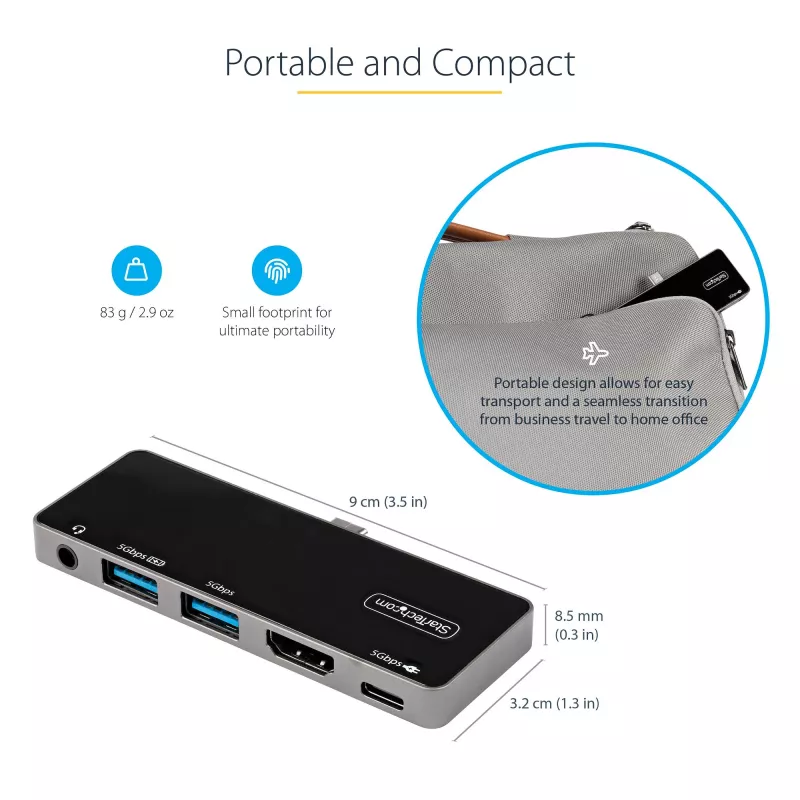 StarTech.com USB-C kelių prievadų adapteris – USB-C į 4K 60Hz HDMI 2.0, 100W Power Delivery, 3 prievadų USB 3.0 stotelė, garsas – USB-C mini dokas, nešiojamas USB Type-C kelioninis dokas