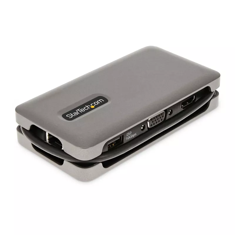 StarTech.com USB-C kelių prievadų adapteris – HDMI/VGA – 4K 60Hz – 3 prievadų USB šakotuvas – 100W Power Delivery perdavimas – GbE – kelioninis mini dokas su įkrovimu – 1ft/30cm apvyniojamas kabelis