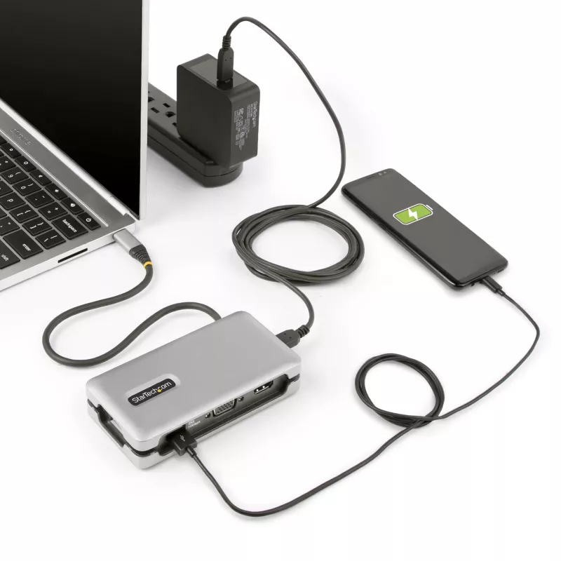 StarTech.com USB-C kelių prievadų adapteris – HDMI/VGA – 4K 60Hz – 3 prievadų USB šakotuvas – 100W Power Delivery perdavimas – GbE – kelioninis mini dokas su įkrovimu – 1ft/30cm apvyniojamas kabelis