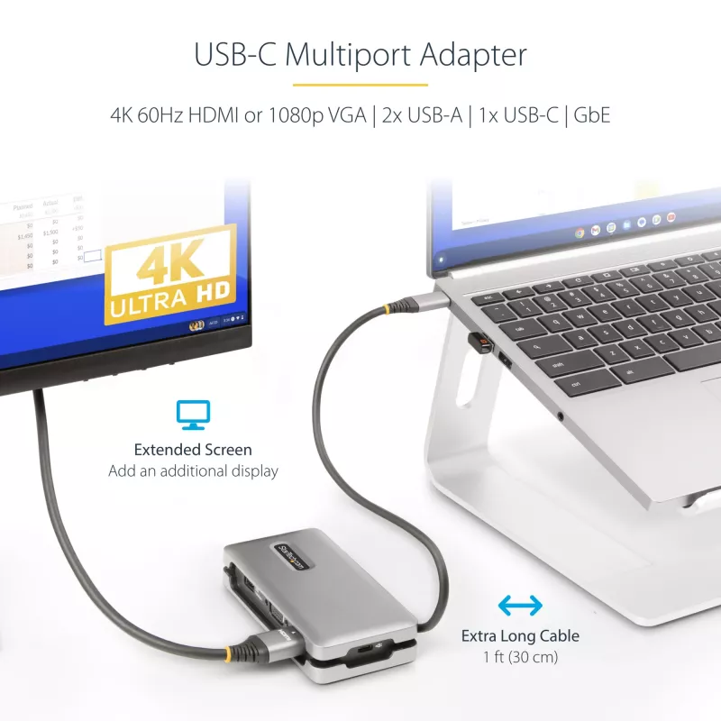 StarTech.com USB-C kelių prievadų adapteris – HDMI/VGA – 4K 60Hz – 3 prievadų USB šakotuvas – 100W Power Delivery perdavimas – GbE – kelioninis mini dokas su įkrovimu – 1ft/30cm apvyniojamas kabelis