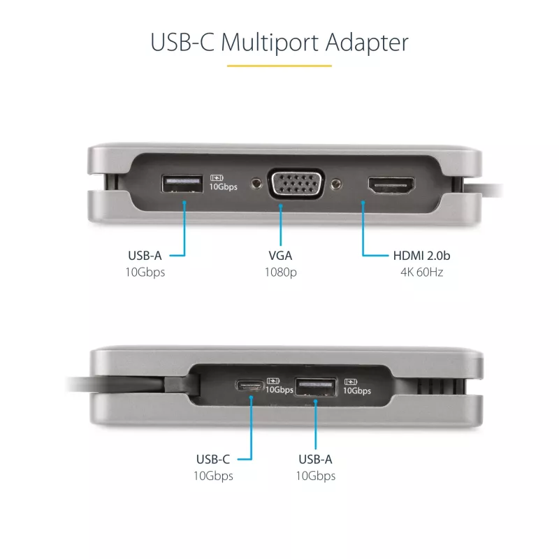 StarTech.com USB-C kelių prievadų adapteris – HDMI/VGA – 4K 60Hz – 3 prievadų USB šakotuvas – 100W Power Delivery perdavimas – GbE – kelioninis mini dokas su įkrovimu – 1ft/30cm apvyniojamas kabelis