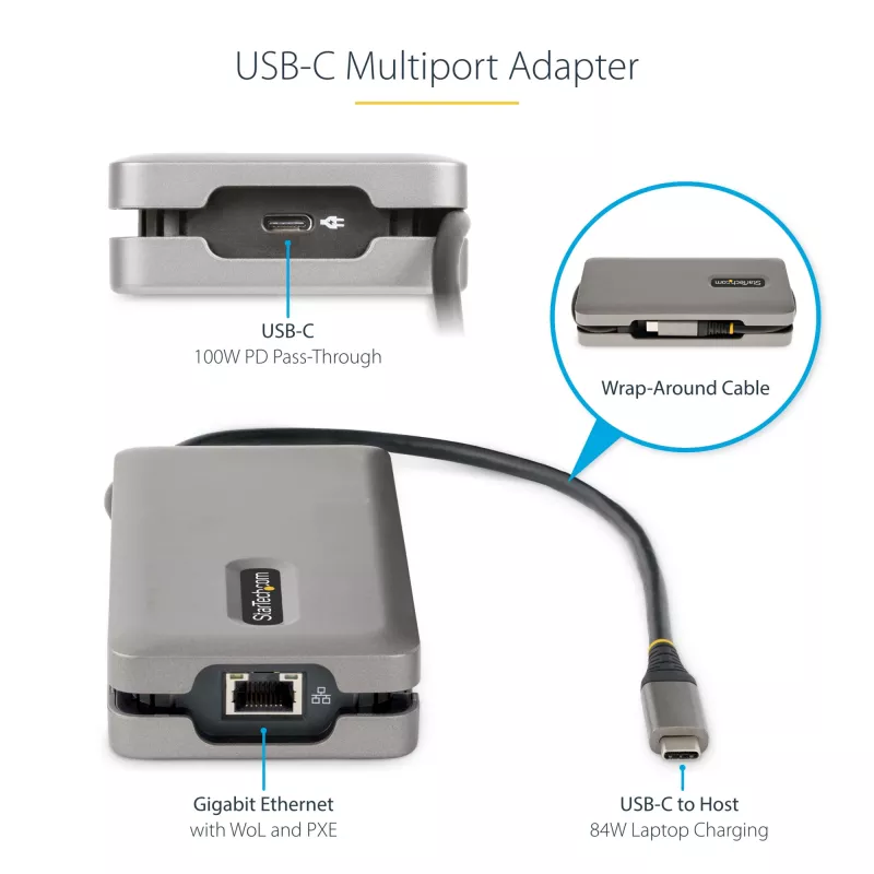 StarTech.com USB-C kelių prievadų adapteris – HDMI/VGA – 4K 60Hz – 3 prievadų USB šakotuvas – 100W Power Delivery perdavimas – GbE – kelioninis mini dokas su įkrovimu – 1ft/30cm apvyniojamas kabelis