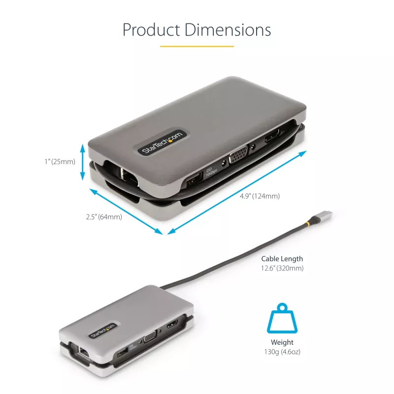 StarTech.com USB-C kelių prievadų adapteris – HDMI/VGA – 4K 60Hz – 3 prievadų USB šakotuvas – 100W Power Delivery perdavimas – GbE – kelioninis mini dokas su įkrovimu – 1ft/30cm apvyniojamas kabelis