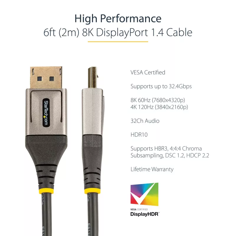 StarTech.com 2 m VESA sertifikuotas DisplayPort 1.4 laidas - 8K 60Hz HDR10 - Ultra HD 4K 120Hz vaizdas - DP 1.4 laidas / kabelis - Monitoriams / ekranams - DisplayPort į DisplayPort laidas - M/M