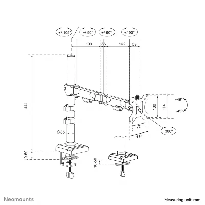 Neomounts DS60-600BL1 monitoriaus rankena 10-32 colių - Quick-fix - 180° stabdis