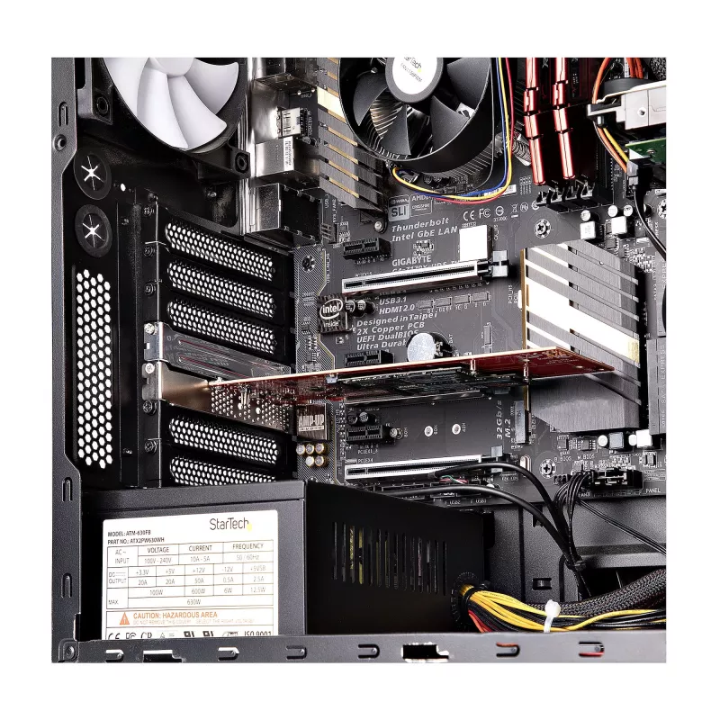 StarTech.com DUAL-M2-PCIE-CARD-B – Dvigubas M.2 PCIe SSD adapteris, PCIe x8 / x16 į du NVMe arba AHCI M.2 SSD, PCI Express 4.0, 7,8 GB/s vienam diskui, reikalinga bifurkacija