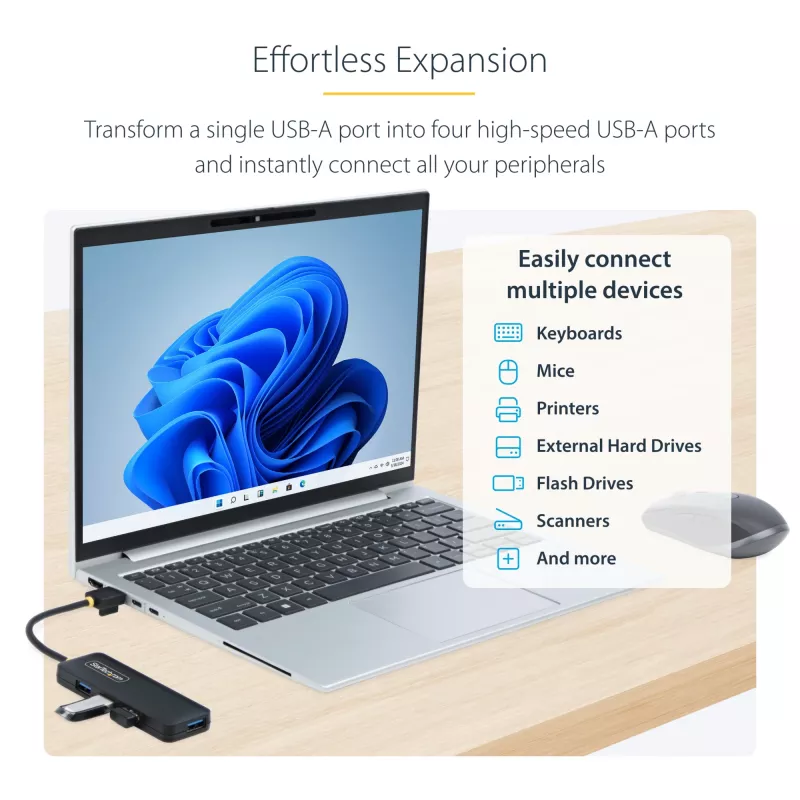 StarTech.com 4 prievadų USB-A šakotuvas, 5 Gbps, maitinamas iš magistralės, kompaktiškas kelioninis USB 3.0 skirstytuvas, apsauga nuo perkrovos (OCP)
