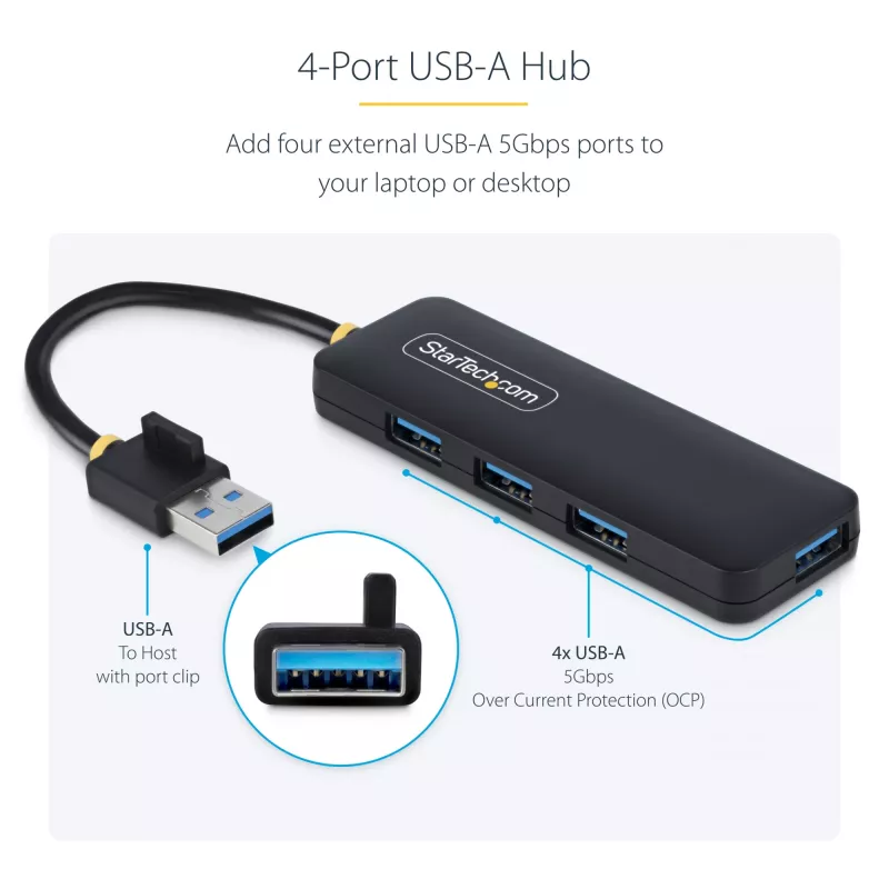 StarTech.com 4 prievadų USB-A šakotuvas, 5 Gbps, maitinamas iš magistralės, kompaktiškas kelioninis USB 3.0 skirstytuvas, apsauga nuo perkrovos (OCP)
