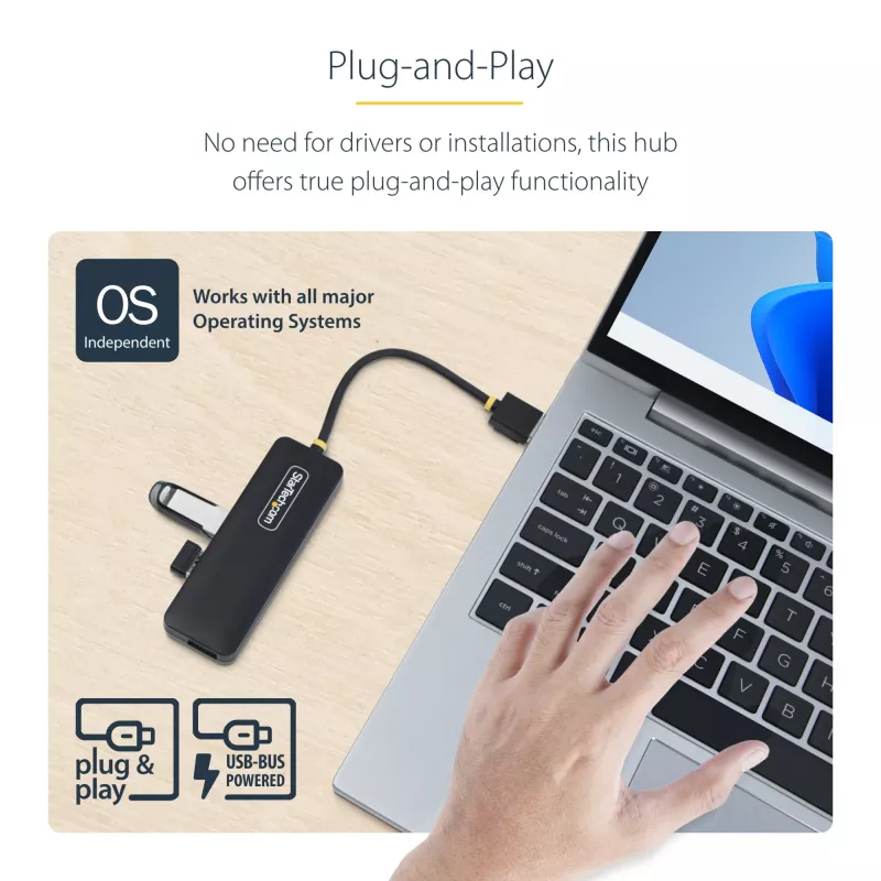 StarTech.com 4 prievadų USB-A šakotuvas, 5 Gbps, maitinamas iš magistralės, kompaktiškas kelioninis USB 3.0 skirstytuvas, apsauga nuo perkrovos (OCP)