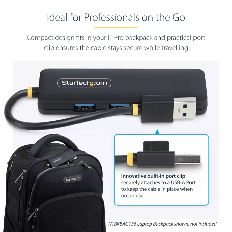 StarTech.com 4 prievadų USB-A šakotuvas, 5 Gbps, maitinamas iš magistralės, kompaktiškas kelioninis USB 3.0 skirstytuvas, apsauga nuo perkrovos (OCP)