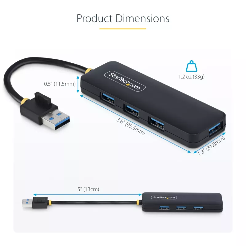 StarTech.com 4 prievadų USB-A šakotuvas, 5 Gbps, maitinamas iš magistralės, kompaktiškas kelioninis USB 3.0 skirstytuvas, apsauga nuo perkrovos (OCP)