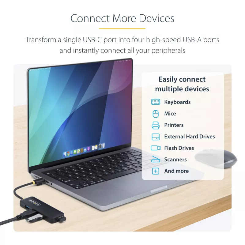 StarTech.com 4 prievadų USB-C šakotuvas, 5Gbps, USB-C į 4x USB-A, maitinamas iš magistralės, mažas kelioninis mini šakotuvas, kelių prievadų USB 3.0 skirstytuvas, nešiojamas šakotuvas, apsauga nuo perkrovos