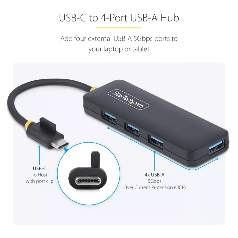 StarTech.com 4 prievadų USB-C šakotuvas, 5Gbps, USB-C į 4x USB-A, maitinamas iš magistralės, mažas kelioninis mini šakotuvas, kelių prievadų USB 3.0 skirstytuvas, nešiojamas šakotuvas, apsauga nuo perkrovos