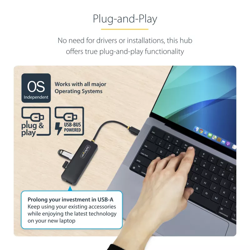 StarTech.com 4 prievadų USB-C šakotuvas, 5Gbps, USB-C į 4x USB-A, maitinamas iš magistralės, mažas kelioninis mini šakotuvas, kelių prievadų USB 3.0 skirstytuvas, nešiojamas šakotuvas, apsauga nuo perkrovos
