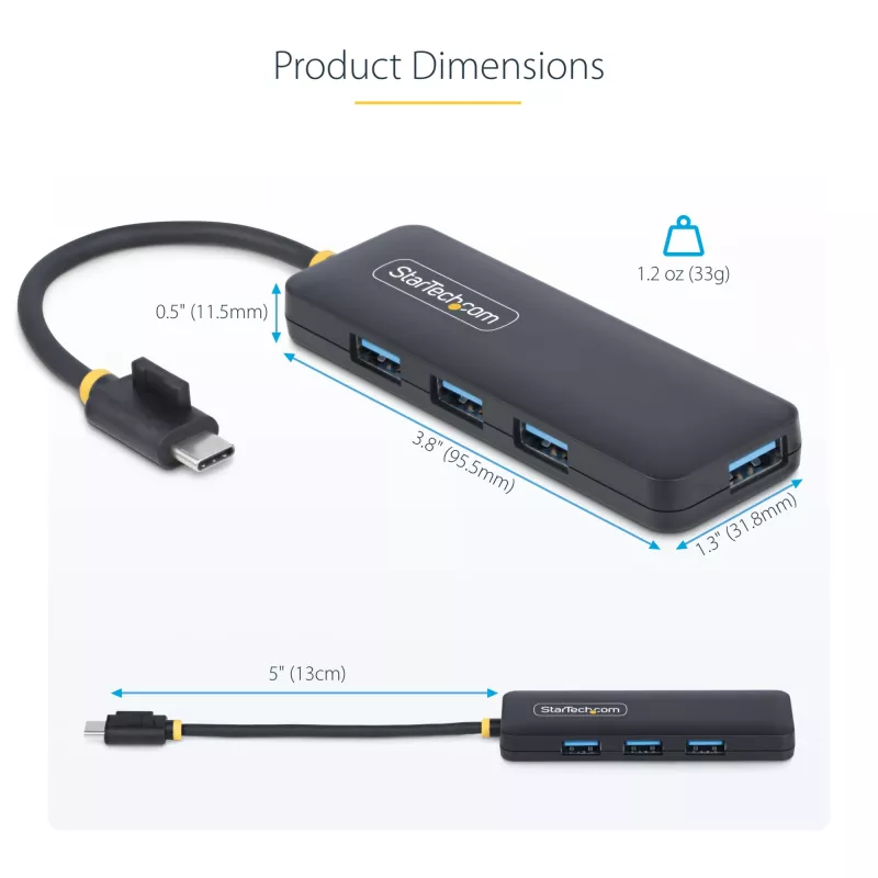 StarTech.com 4 prievadų USB-C šakotuvas, 5Gbps, USB-C į 4x USB-A, maitinamas iš magistralės, mažas kelioninis mini šakotuvas, kelių prievadų USB 3.0 skirstytuvas, nešiojamas šakotuvas, apsauga nuo perkrovos