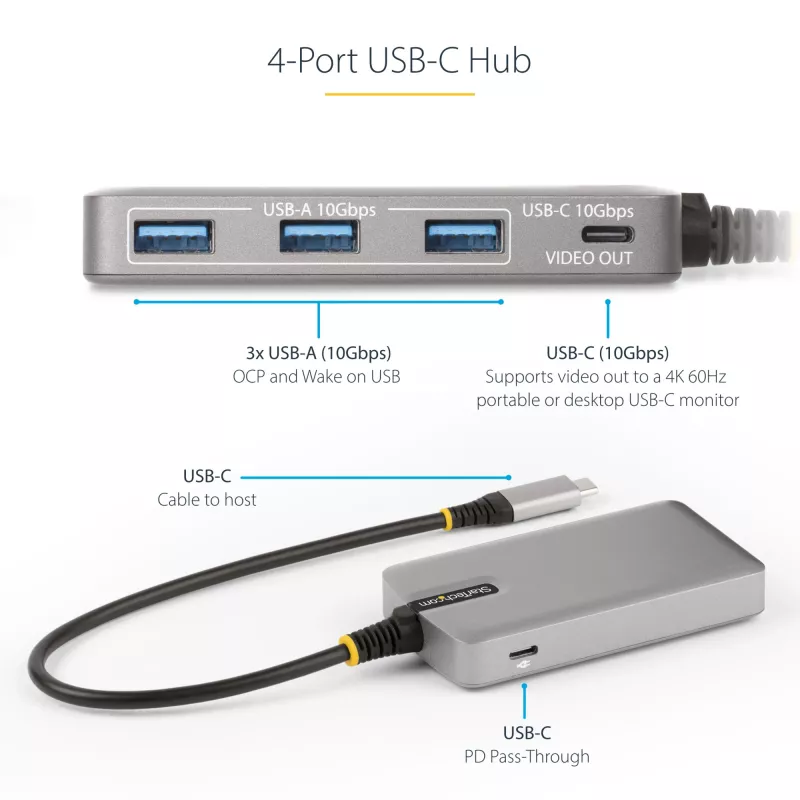 StarTech.com 4 prievadų USB-C šakotuvas su USB-C DP Alt režimo vaizdo išvestimi 4K 60Hz – 3x USB-A, 1x USB Type-C, 100W Power Delivery perdavimas, USB 3.2 10Gbps, 30 cm kabelis, nešiojamas USB šakotuvas