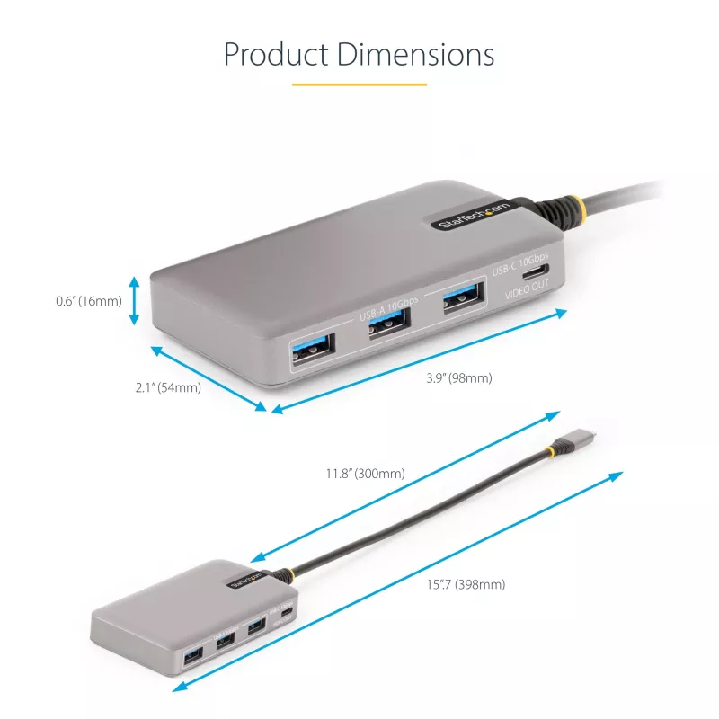 StarTech.com 4 prievadų USB-C šakotuvas su USB-C DP Alt režimo vaizdo išvestimi 4K 60Hz – 3x USB-A, 1x USB Type-C, 100W Power Delivery perdavimas, USB 3.2 10Gbps, 30 cm kabelis, nešiojamas USB šakotuvas