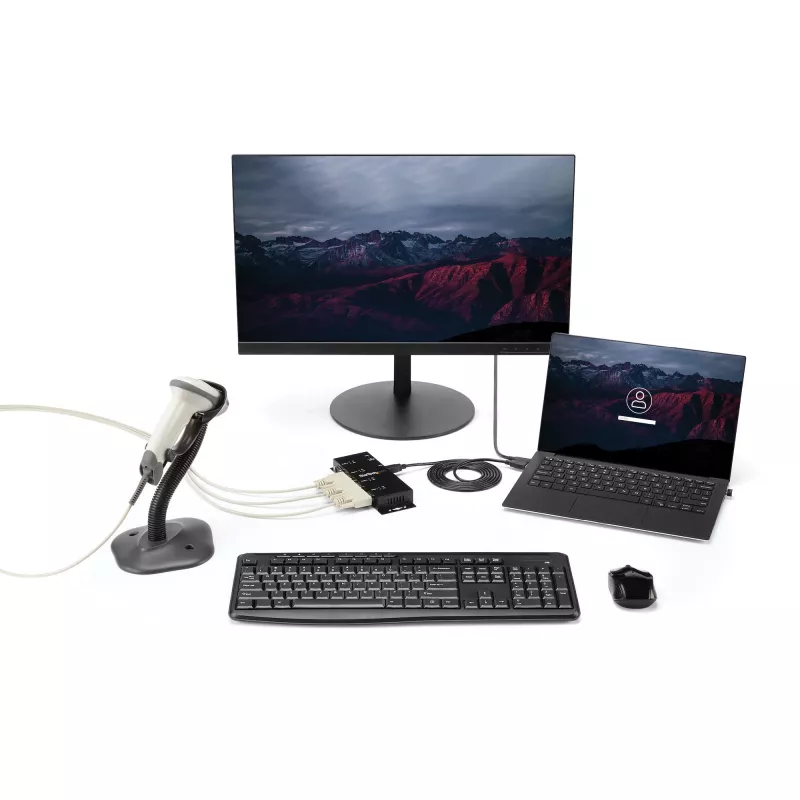 StarTech.com 4 prievadų USB į DB9 RS232 nuosekliojo ryšio adapterio šakotuvas – pramoninis DIN bėgelio ir sieninis montavimas