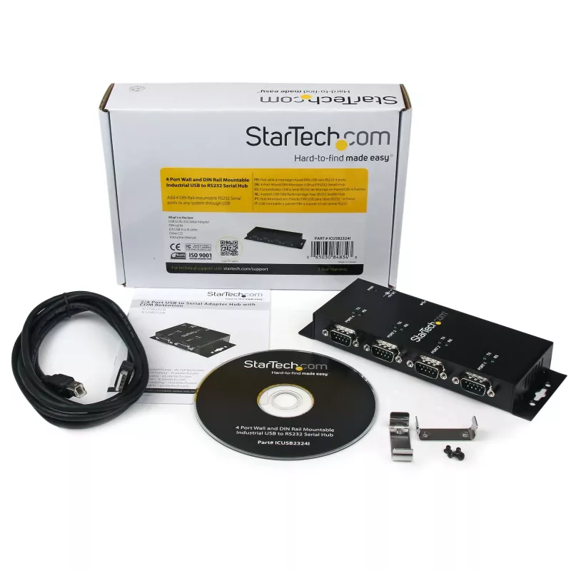 StarTech.com 4 prievadų USB į DB9 RS232 nuosekliojo ryšio adapterio šakotuvas – pramoninis DIN bėgelio ir sieninis montavimas