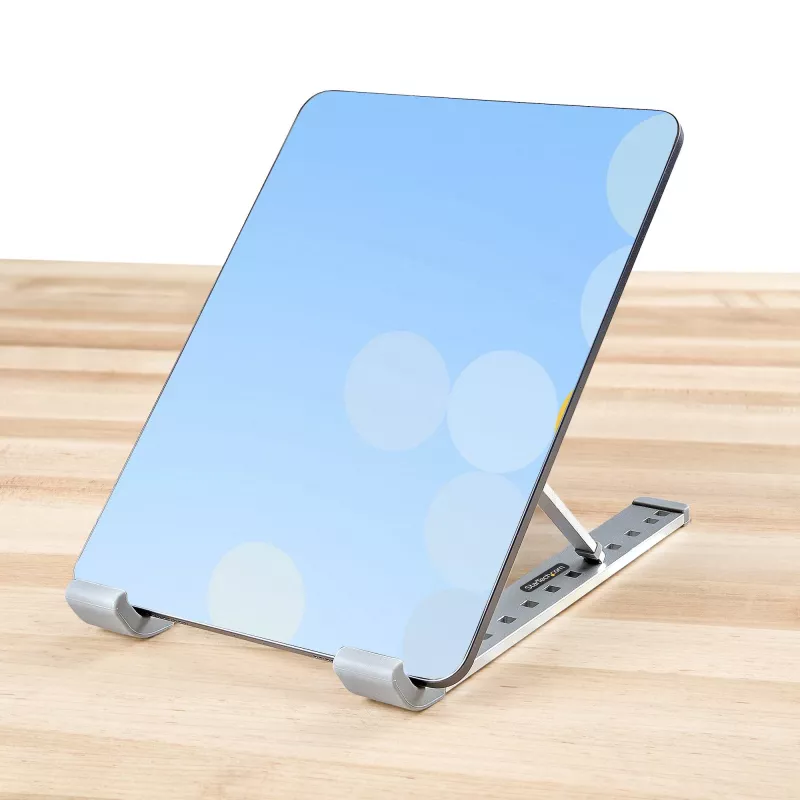 StarTech.com Sulankstomas nešiojamojo kompiuterio stovas, reguliuojamo aukščio ergonomiškas stovas, ventiliuojamas aliumininis rėmas, laikantis 10 kg, reguliuojamas pasvirimas, sulankstomas dizainas