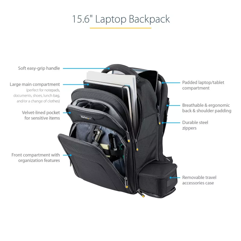 StarTech.com 15.6 col. nešiojamojo kompiuterio kuprinė su išimamu aksesuarų organizatoriumi – profesionali IT techniko kuprinė darbui/kelionėms/penduliavimui – ergonomiškas kompiuterio krepšys – patvarus balistinis nailonas – kišenės nešiojamajam ir planš