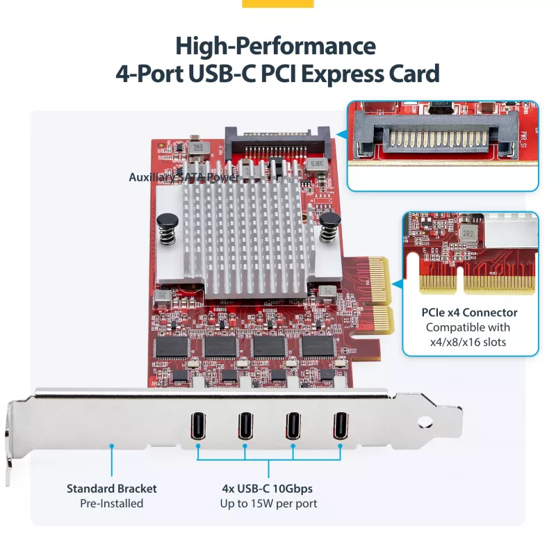 StarTech.com 4 prievadų USB Type-C PCIe kortelė, USB 3.2 10Gbps, USB-C PCI Express plėtimosi kortelė, 4 nepriklausomi USB valdikliai, Windows/Linux/macOS, TAA atitinkanti