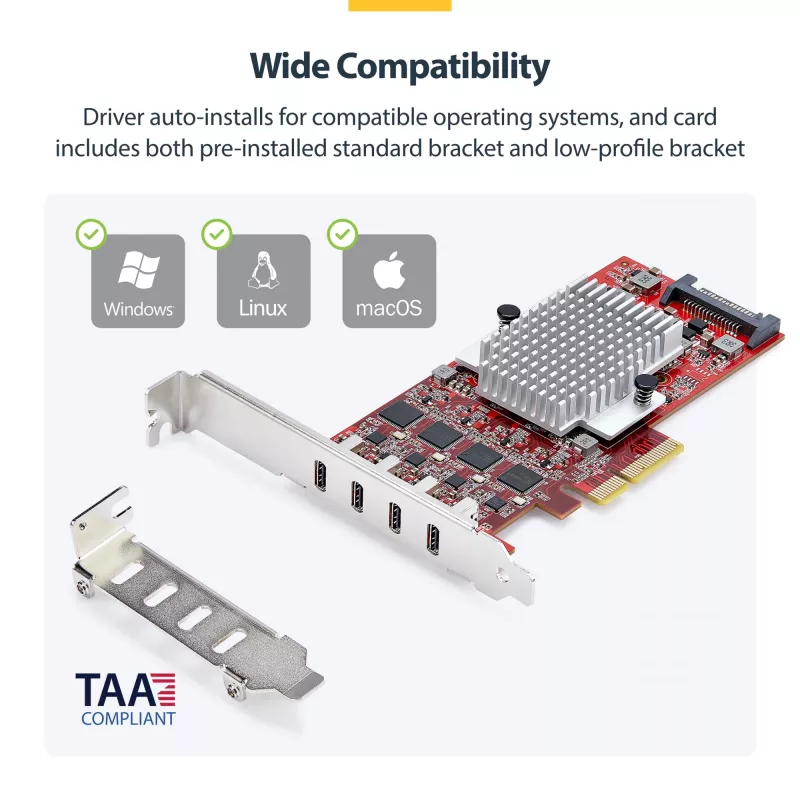 StarTech.com 4 prievadų USB Type-C PCIe kortelė, USB 3.2 10Gbps, USB-C PCI Express plėtimosi kortelė, 4 nepriklausomi USB valdikliai, Windows/Linux/macOS, TAA atitinkanti