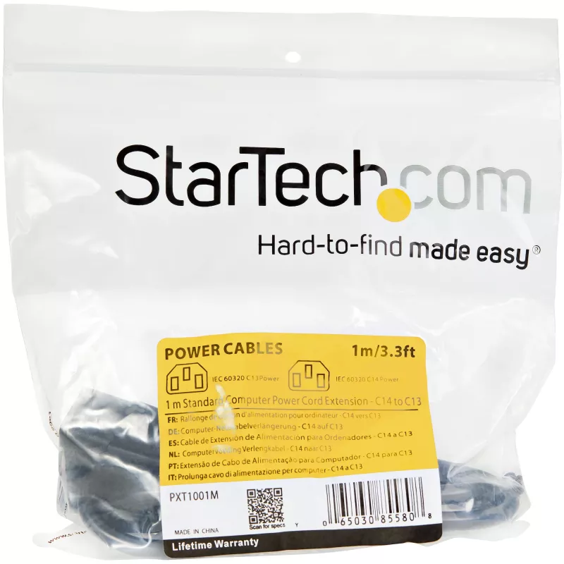 StarTech.com 1 m ilgintuvo laidas, C14 – C13, 10A 125V, 18AWG, kompiuterio maitinimo laido ilginimas, IEC-320-C14 į IEC-320-C13 kintamosios srovės maitinimo kabelio ilginimas maitinimo šaltiniui, UL sertifikuotas