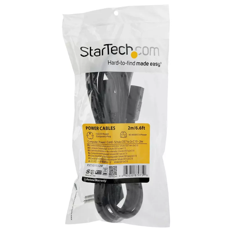 StarTech.com 2m Y formos maitinimo laidas, 18AWG, EU Schuko į 2x C13, 10A 250V, juodas