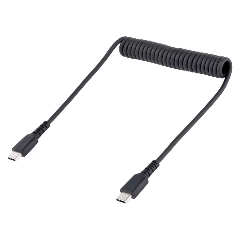 StarTech.com 20 colių (50 cm) USB C įkrovimo laidas, spiralinis, itin tvirtas, greitas įkrovimas ir sinchronizavimas, USB 2.0 Type-C laidas, armuotas aramidiniu pluoštu, patvarus vyriškas į vyrišką USB laidas, juodas