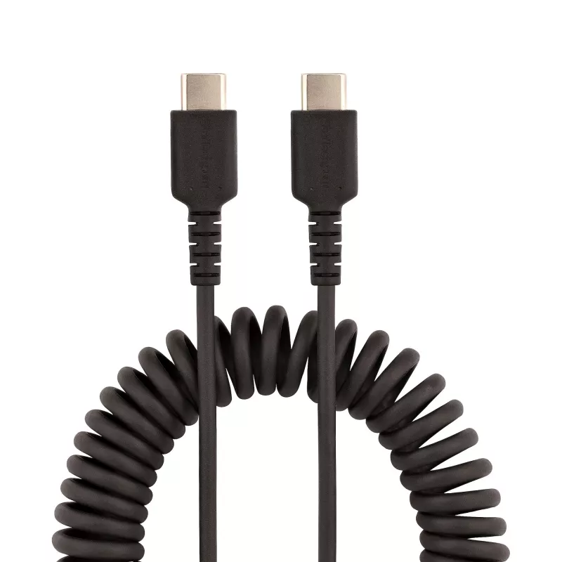 StarTech.com 20 colių (50 cm) USB C įkrovimo laidas, spiralinis, itin tvirtas, greitas įkrovimas ir sinchronizavimas, USB 2.0 Type-C laidas, armuotas aramidiniu pluoštu, patvarus vyriškas į vyrišką USB laidas, juodas