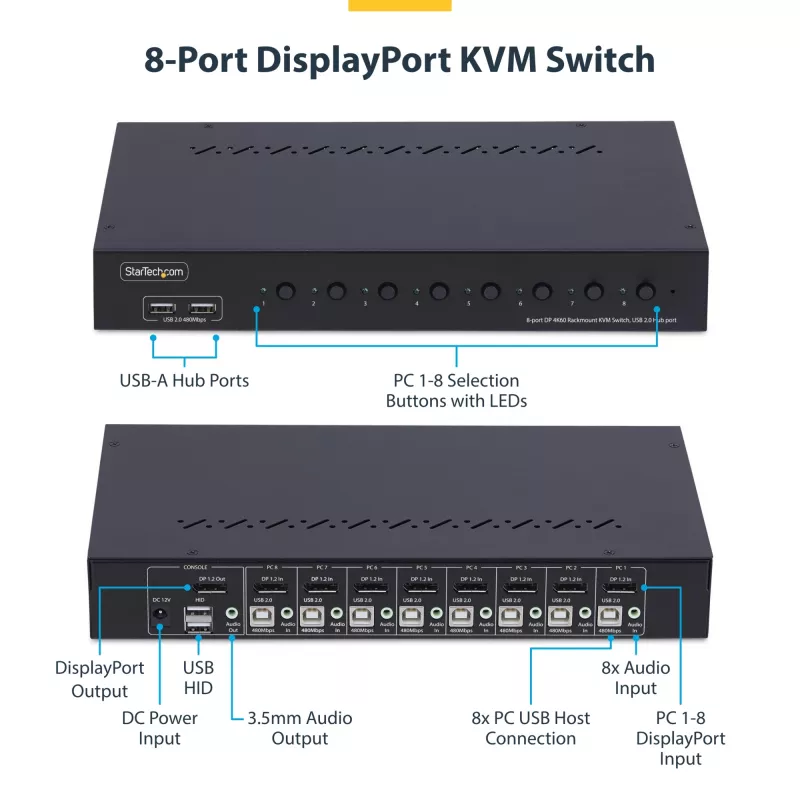 StarTech.com 8 prievadų DisplayPort KVM jungiklis su 1U stovo montavimo rinkiniu, 4K 60Hz DP 1.2, mygtukų ir sparčiųjų klavišų perjungimas, 4 prievadų USB šakotuvas, OS nepriklausomas, TAA atitinkantis
