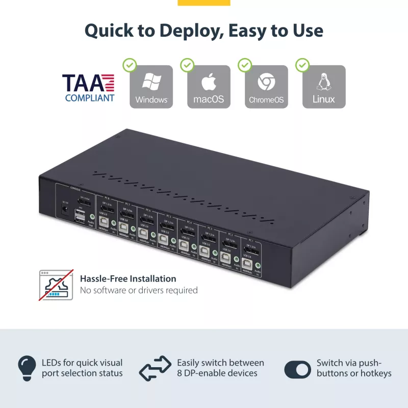 StarTech.com 8 prievadų DisplayPort KVM jungiklis su 1U stovo montavimo rinkiniu, 4K 60Hz DP 1.2, mygtukų ir sparčiųjų klavišų perjungimas, 4 prievadų USB šakotuvas, OS nepriklausomas, TAA atitinkantis