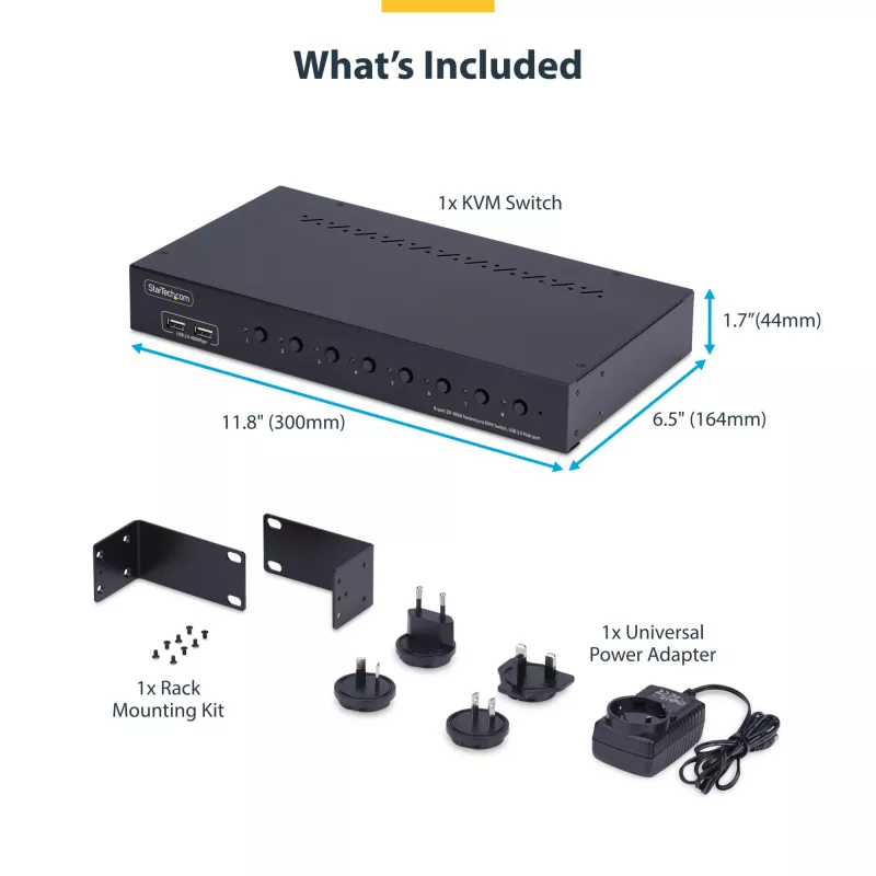 StarTech.com 8 prievadų DisplayPort KVM jungiklis su 1U stovo montavimo rinkiniu, 4K 60Hz DP 1.2, mygtukų ir sparčiųjų klavišų perjungimas, 4 prievadų USB šakotuvas, OS nepriklausomas, TAA atitinkantis