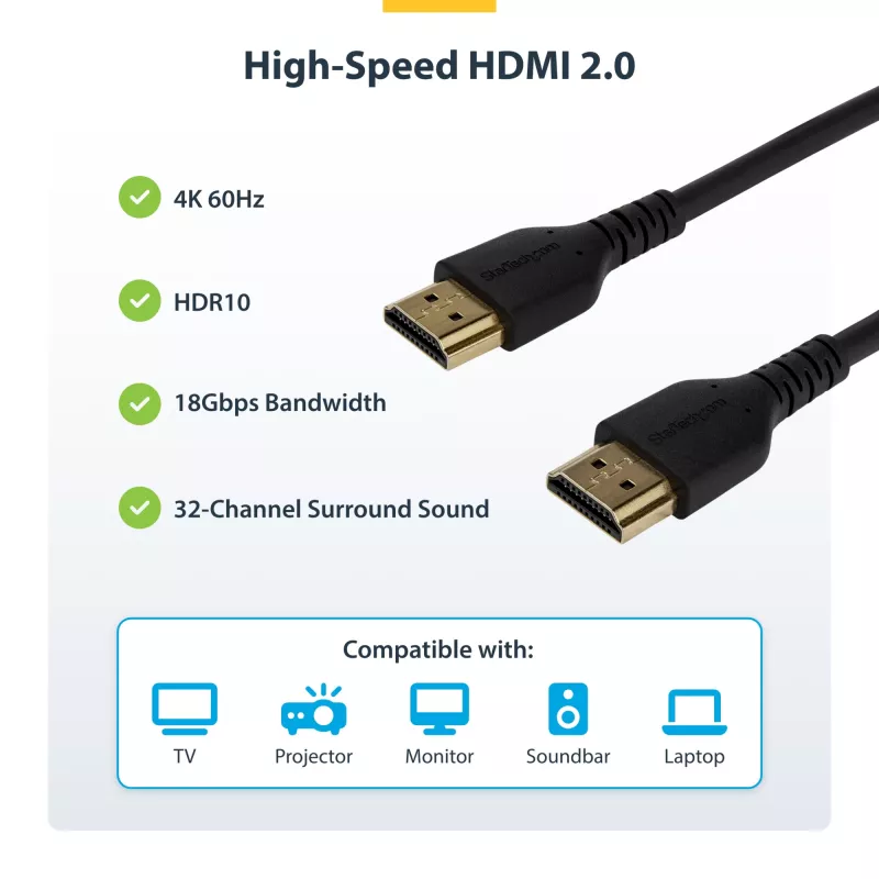 StarTech.com 6ft (2m) Lieknas HDMI 2.0 laidas, lankstus Premium sertifikuotas HDMI laidas su Ethernet, UHD 4K 60Hz HDR10, tvirtas aramidinio pluošto dizainas su TPE apvalkalu