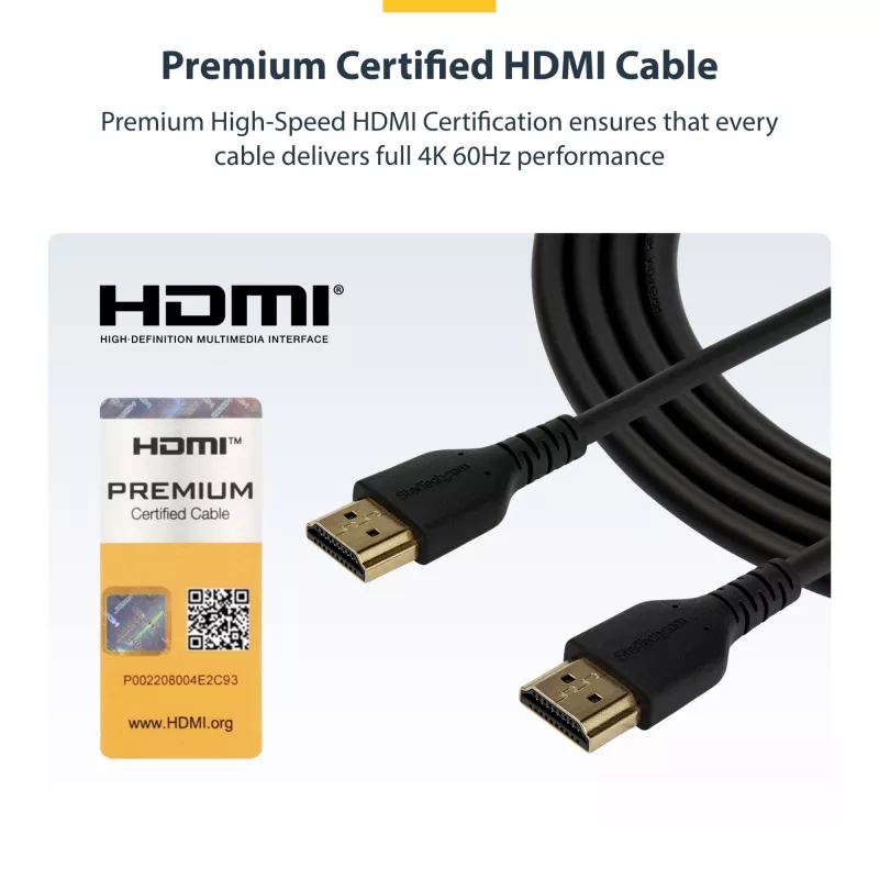 StarTech.com 6ft (2m) Lieknas HDMI 2.0 laidas, lankstus Premium sertifikuotas HDMI laidas su Ethernet, UHD 4K 60Hz HDR10, tvirtas aramidinio pluošto dizainas su TPE apvalkalu