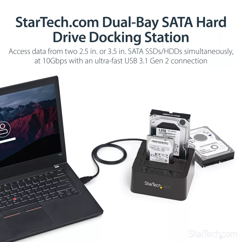StarTech.com dviejų lizdų USB 3.2 Gen 2 į SATA kietųjų diskų dokas, USB 10Gbps, išorinis 2,5/3,5 colio SATA I/II/III SSD/HDD dokas, karšto keitimo lizdas, įkrovimas iš viršaus