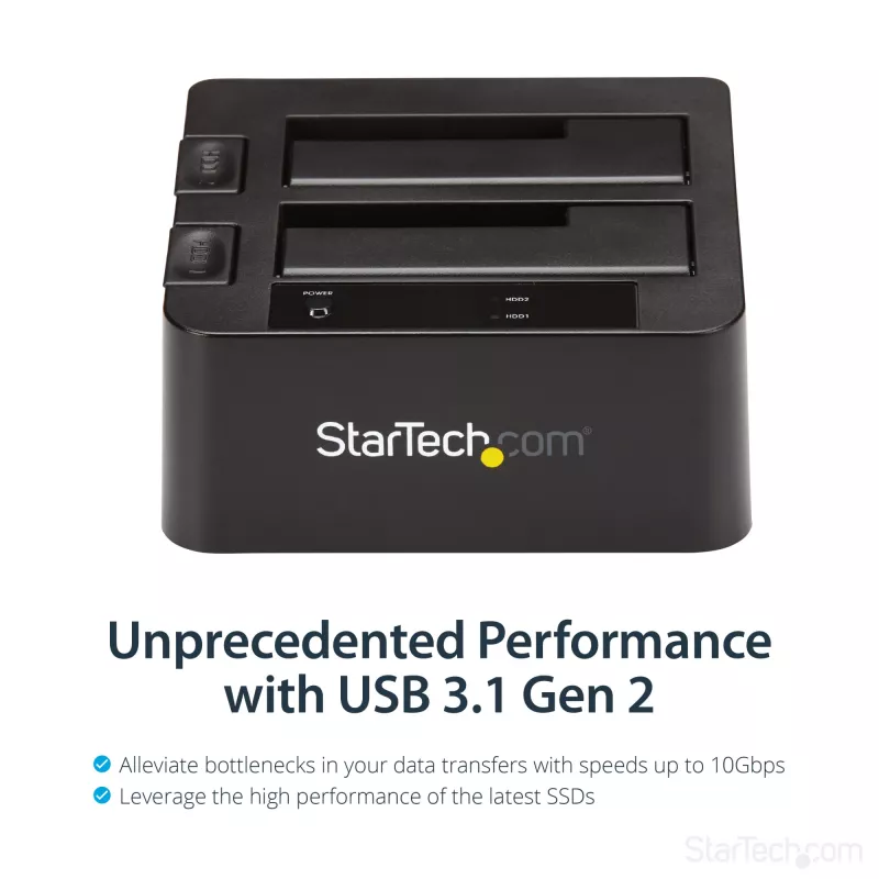 StarTech.com dviejų lizdų USB 3.2 Gen 2 į SATA kietųjų diskų dokas, USB 10Gbps, išorinis 2,5/3,5 colio SATA I/II/III SSD/HDD dokas, karšto keitimo lizdas, įkrovimas iš viršaus