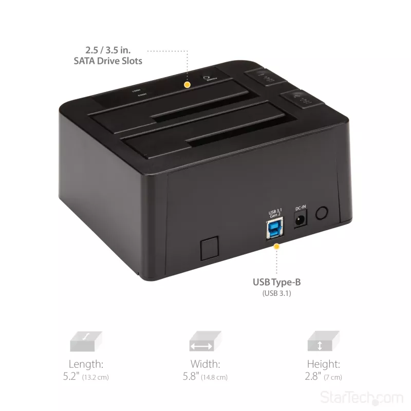 StarTech.com dviejų lizdų USB 3.2 Gen 2 į SATA kietųjų diskų dokas, USB 10Gbps, išorinis 2,5/3,5 colio SATA I/II/III SSD/HDD dokas, karšto keitimo lizdas, įkrovimas iš viršaus