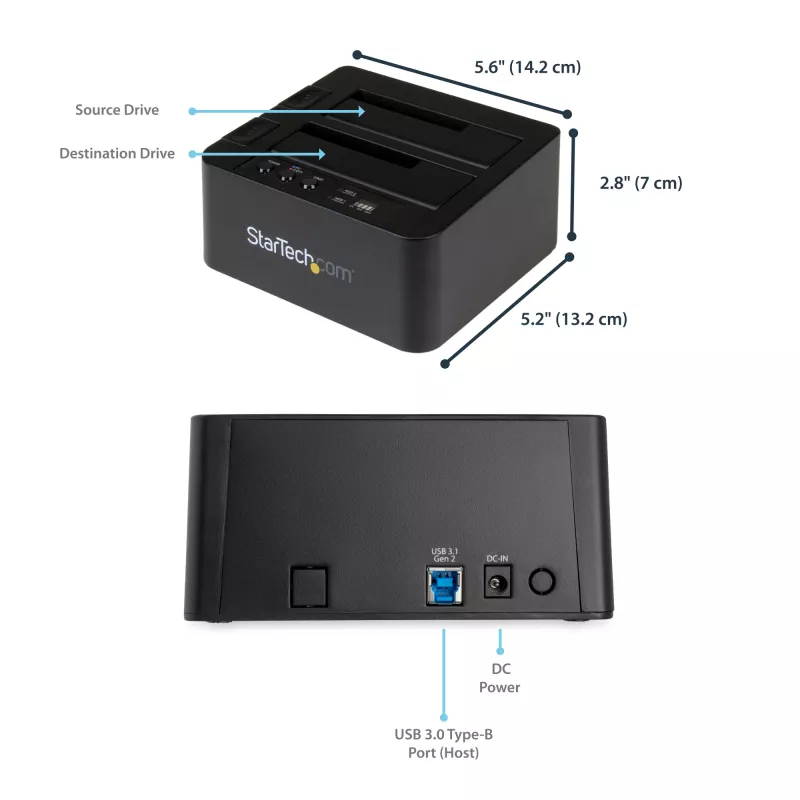 StarTech.com nepriklausomas kietųjų diskų kopijavimo įrenginys, dviejų lizdų HDD/SSD klonavimo/kopijavimo stotelė, USB 3.1 (10 Gbps) į SATA III HDD/SSD dokavimo stotelė, kietojo disko kopijavimo dokas, kietojo disko klonavimo įrenginys